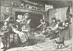 early illustration of women teaching children