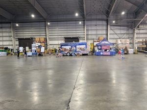 warehouse storage of trailer and table promotionals