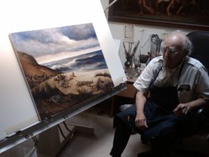 Louis Glanzman with his painting of LBI massacre
