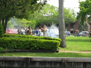 patriots behind hedge row