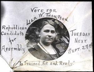 Political slide for use in a silent movie theater of Lila Thompson who is said to be Trained, fit and ready