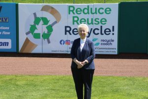 Ocean County Commissioner Barbara Jo Crea, liaison to Ocean County’s recycling program, visited the BlueClaws stadium in Lakewood