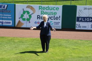 Ocean County Commissioner Barbara Jo Crea, liaison to Ocean County’s recycling program, visited the BlueClaws stadium in Lakewood