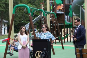 Ribbon cutting ceremony of the new playground at Eno's Pond County Park