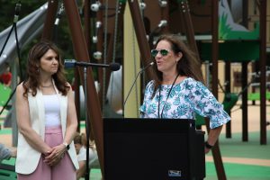 Ribbon cutting ceremony of the new playground at Eno's Pond County Park