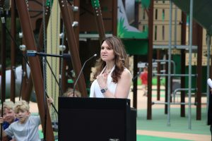 Ribbon cutting ceremony of the new playground at Eno's Pond County Park