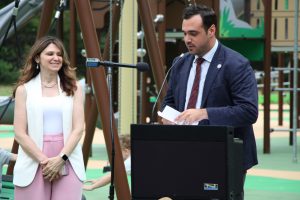 Ribbon cutting ceremony of the new playground at Eno's Pond County Park