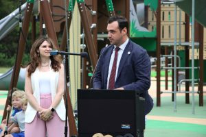 Ribbon cutting ceremony of the new playground at Eno's Pond County Park