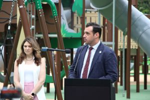 Ribbon cutting ceremony of the new playground at Eno's Pond County Park