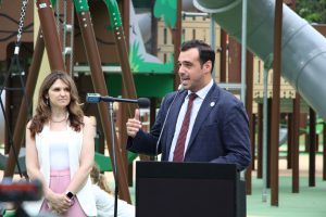 Ribbon cutting ceremony of the new playground at Eno's Pond County Park