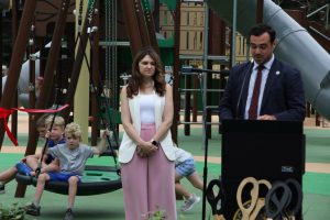 Ribbon cutting ceremony of the new playground at Eno's Pond County Park
