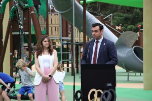 Ribbon cutting ceremony of the new playground at Eno's Pond County Park
