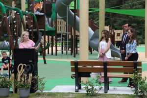 Ribbon cutting ceremony of the new playground at Eno's Pond County Park