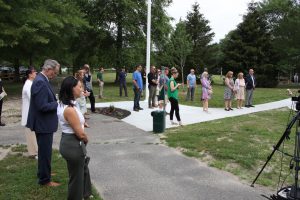 Ribbon cutting ceremony of the new playground at Eno's Pond County Park