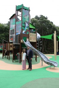 Ribbon cutting ceremony of the new playground at Eno's Pond County Park