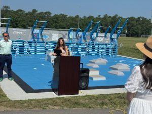 Ocean County Commissioner Jennifier Bacchione celebrates a new fitness court in Little Egg Harbor, NJ