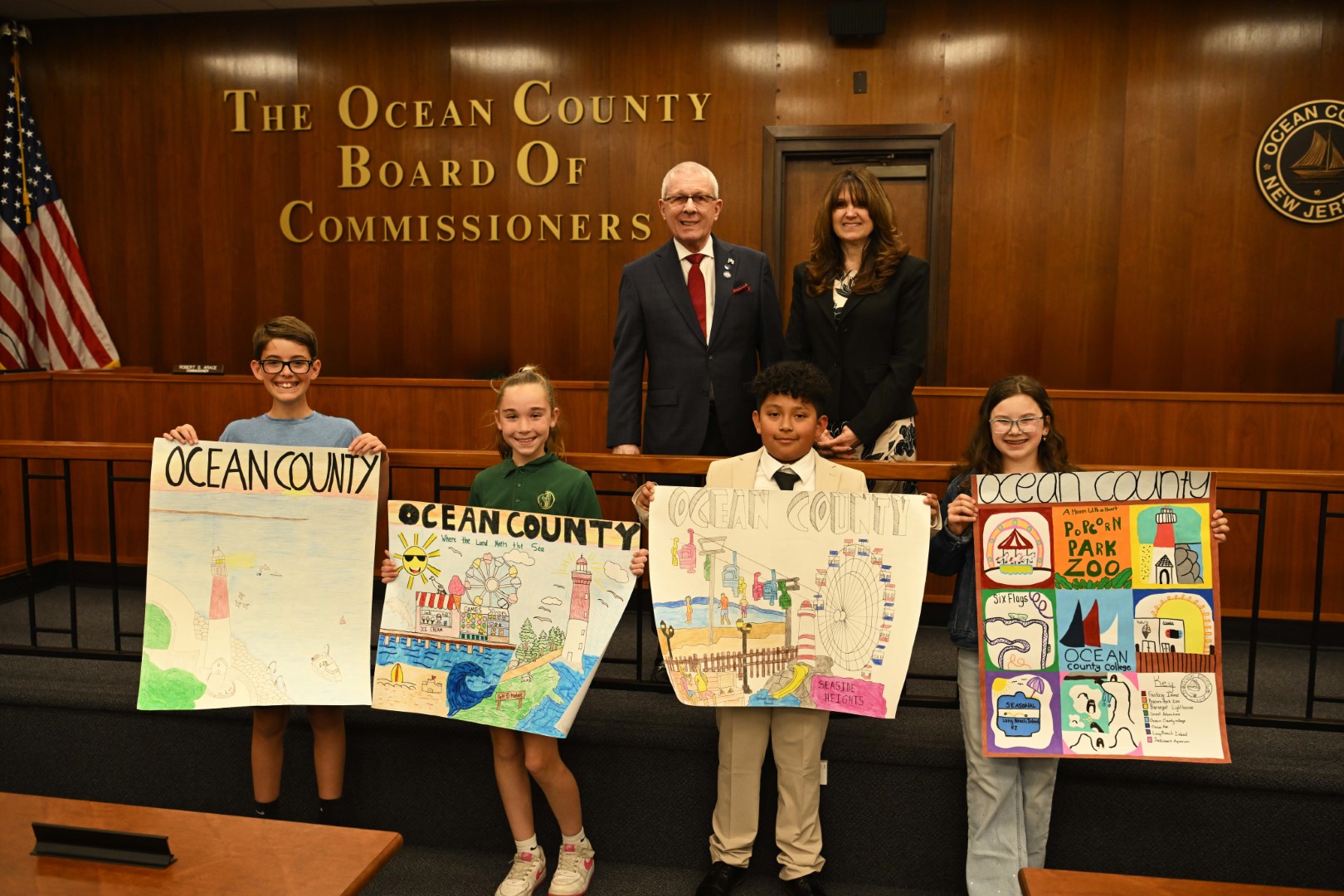 Four fourth graders from Ocean County schools were recognized by the Ocean County Board of Commissioners, and the Ocean County Deputy Clerk for their winning entries in the annual “My County Poster Contest.”