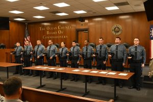Ocean County Commissioners Sam Ellenbogen and Ray Gormley welcomed 10 new Corrections Officers to Ocean County during a swearing in ceremony on June 10. Ellenbogen and Gormley, liaisons to the Ocean County Corrections Department, administered the oath to the new officers.