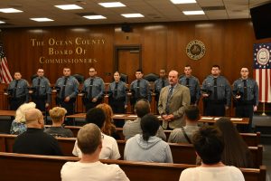 Ocean County Commissioners Sam Ellenbogen and Ray Gormley welcomed 10 new Corrections Officers to Ocean County during a swearing in ceremony on June 10. Ellenbogen and Gormley, liaisons to the Ocean County Corrections Department, administered the oath to the new officers.