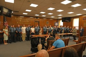 Ocean County Commissioners Sam Ellenbogen and Ray Gormley welcomed 10 new Corrections Officers to Ocean County during a swearing in ceremony on June 10. Ellenbogen and Gormley, liaisons to the Ocean County Corrections Department, administered the oath to the new officers.