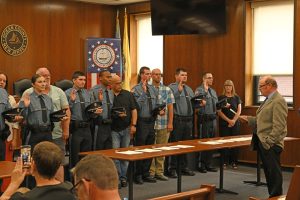 Ocean County Commissioners Sam Ellenbogen and Ray Gormley welcomed 10 new Corrections Officers to Ocean County during a swearing in ceremony on June 10. Ellenbogen and Gormley, liaisons to the Ocean County Corrections Department, administered the oath to the new officers.