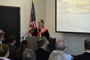 The ceremony featured remarks from Ocean County Library Director Sue Quinn, Deputy Director Bacchione, Ocean County Library Commission Chair Henry Mancini, NJ 9th District Assemblyman Grey Myhre, New Jersey State Librarian Jennifer Nelson and Stafford Mayor Robert E. Henken. The Ocean County Sheriff’s Office also marked the occasion with a ceremonial flag raising at the new building.