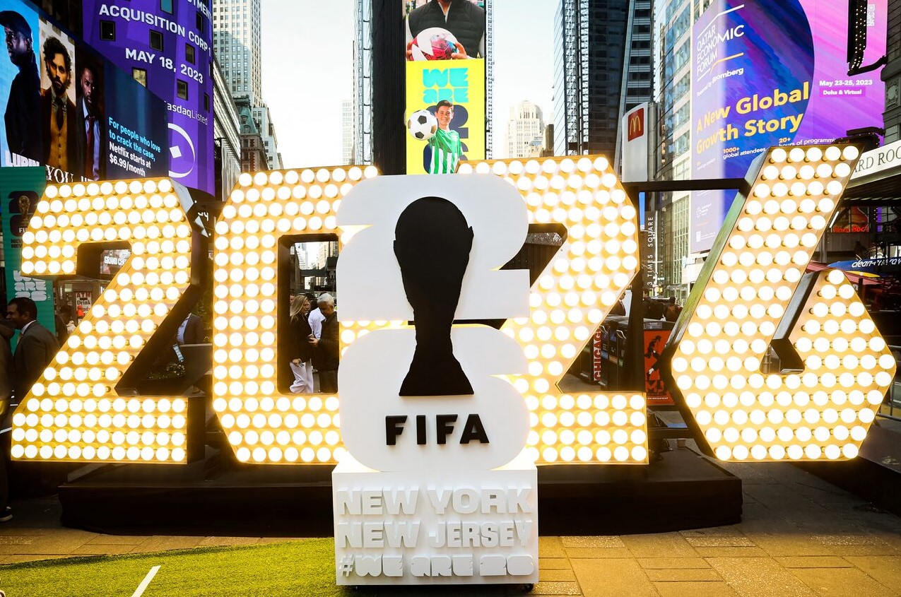 The New York/New Jersey's FIFA World Cup 2026 logo is revealed during the kickoff event in Times Square in New York City, U.S., May 18, 2023. REUTERS/Brendan McDermid