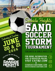 Sand Soccer Storm Tournament Flyer with soccer ball on flyer and people on the beach 