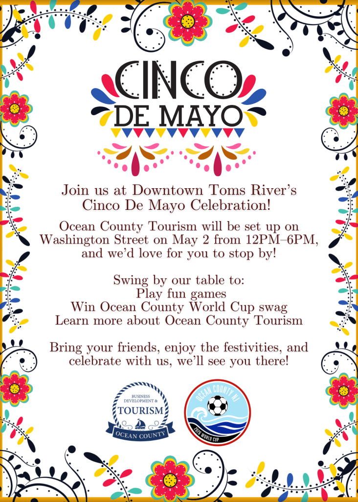 Cinco De Mayo flyer displaying Ocean County World Cup Soccer Ball logo and Ocean County Tourism seal with sailboat